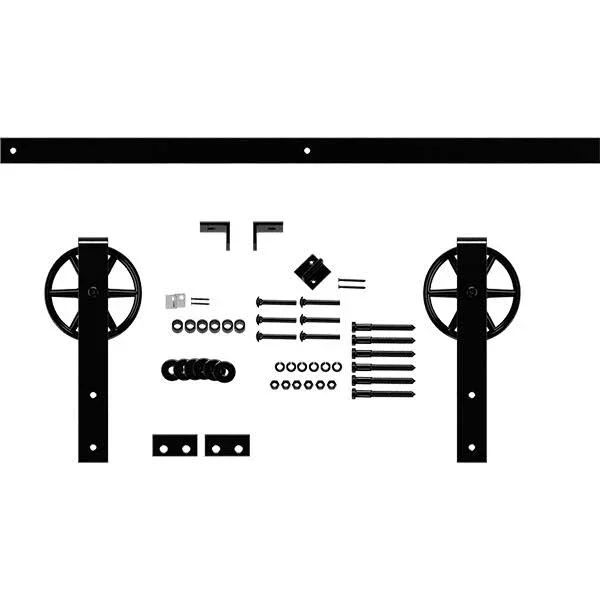 Goldberg Brothers Premium Wagon Wheel Strap Barn Door Hardware Set w/ 6& Track for 2 1/4 inch Doors, Black, Size: Track Length