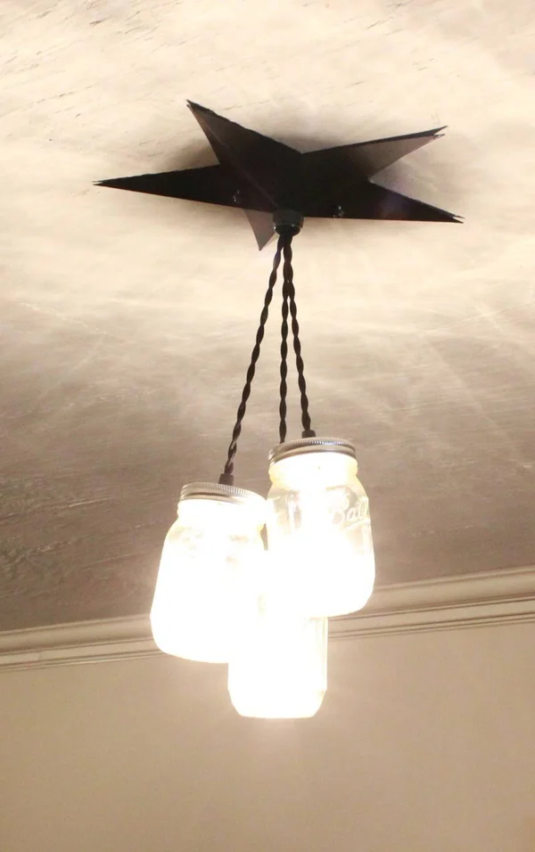 Mason Jar Chandelier Barn Star - Country Rustic Primitive Pendant Light - 3 Jars (Black)