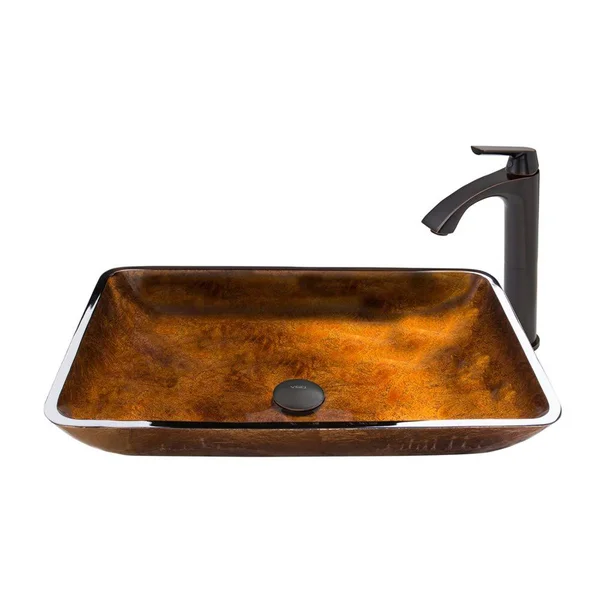 Vigo Rectangular Russet Glass Vessel Sink and Linus Faucet Set, Antique Rubbed Bronze VGT494