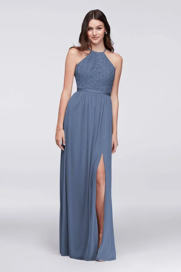David&s Bridal Open-Back Lace and Mesh Bridesmaid Dress - Ice Blue - 20