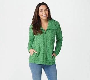 Aran Craft Merino Wool Zip FrontCardigan, Size X-Large, Marl Green