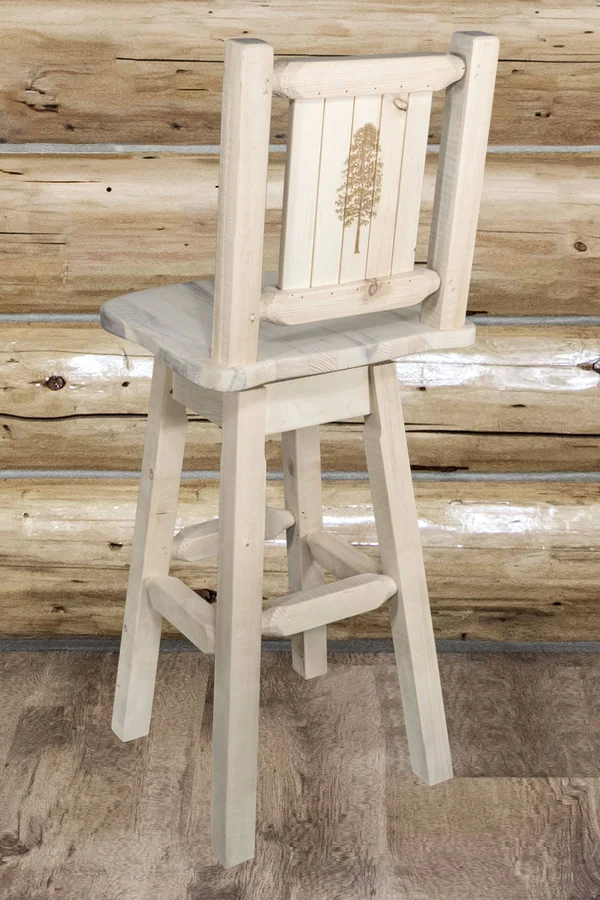 Montana Woodworks MWHCBSWSNRVLZPINE Homestead Barstool with Back & Swivel with Laser Engraved Pine Tree Design Clear Lacquer