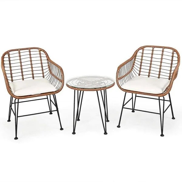 3 Pcs Patio Rattan Bistro Set with Cushion-White