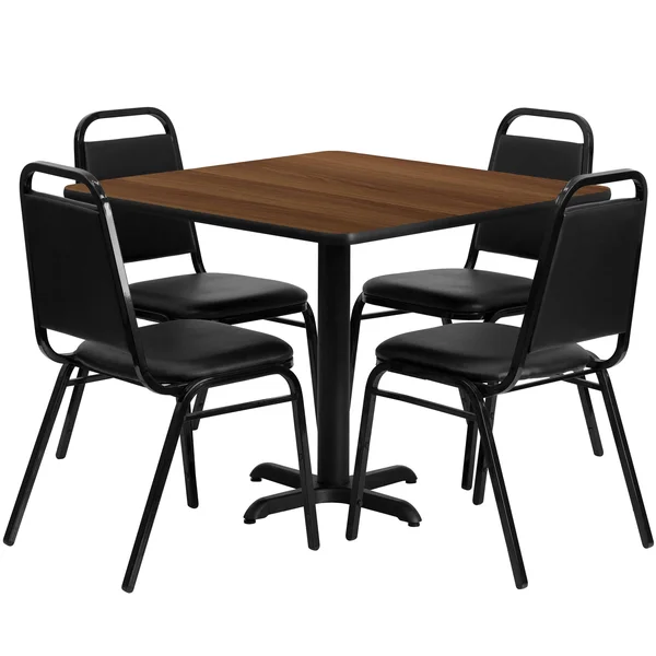Flash Furniture 36&& Square Black Laminate Table Set with 4 Black Trapezoidal Back Banquet Chairs