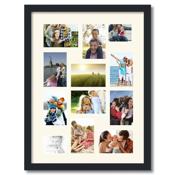 Collage Picture Frame - Satin Black Frame with 12 openings for 4x6 Photos with Brilliant White Mat. D3926EM465, ArtToFrames