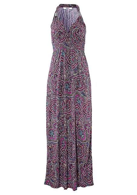 Long Summer Dress with Unique Print, V-Neck and Empire Waist, Size 14