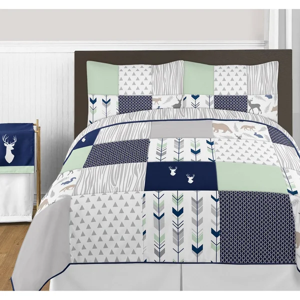 Sweet Jojo Designs 3-Piece Navy Blue - Mint and Grey Woodsy Deer Girls Full/Queen Bedding Set