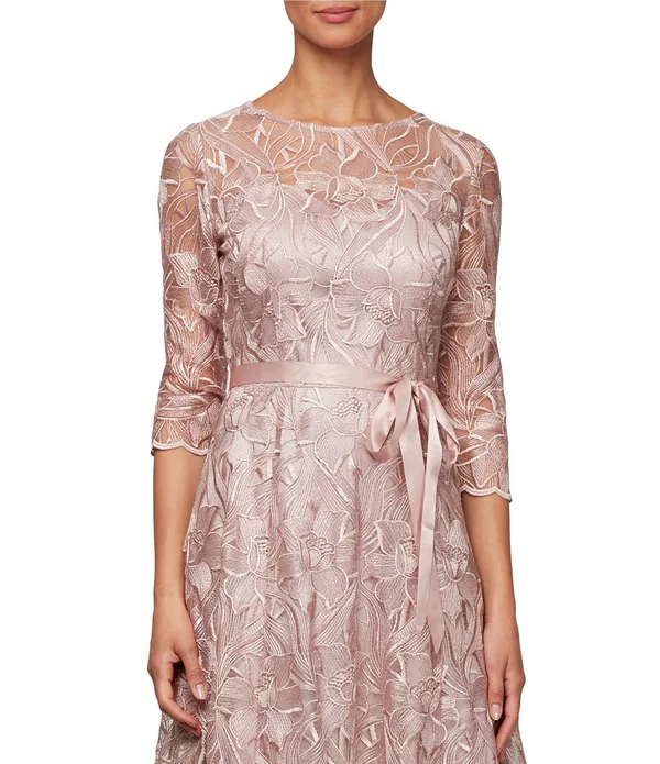 Alex Evenings Illusion Round Neck 34 Sleeve Embroidered Lace Dress - 16