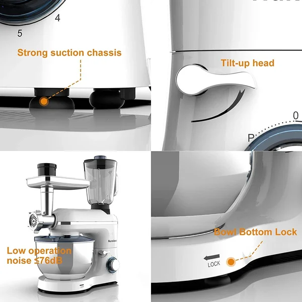 Nurxiovo 3 in 1 Stand Mixer, 850W Kitchen Food Mixer with 6 Speed and Pulse, Home Mixer Stand Up with 7qt Stainless Steel Bowl, Do