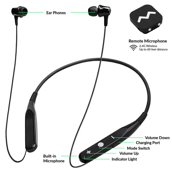 Neckband Hearing Aid Amplifier for Ear Rechargeable with Wireless Remote Microphone to Assist TV Watching and Conversation