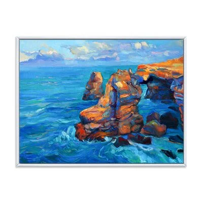 Cliffs by The Blue Ocean - Painting on Canvas East Urban Home Format: White Floater Frame - Size: 16x22 H x 32x22 W x 1x22 D