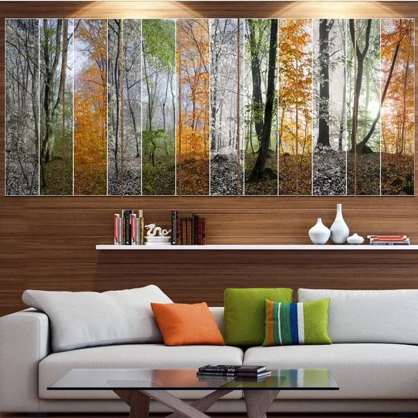 Design Art &Wood Panorama Changing Seasons& 6 Piece Photographic Print Set on Canvas - Orange