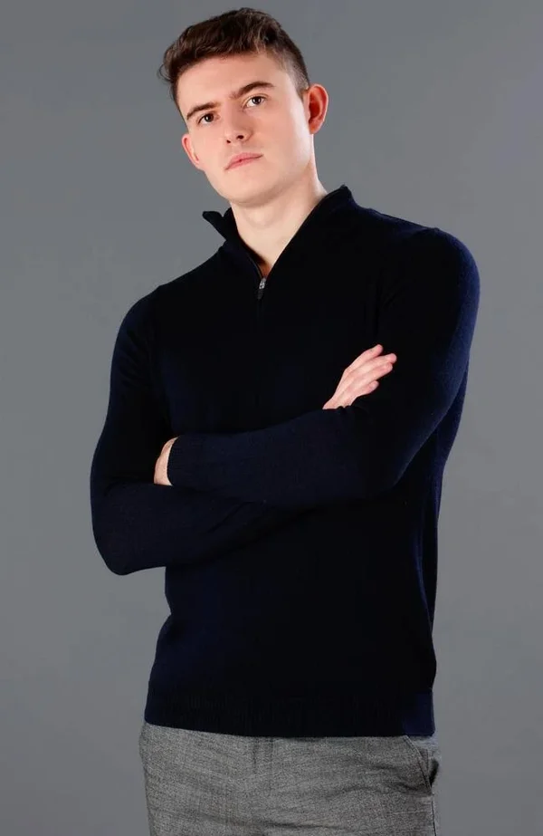 Mens 100% Extra Fine Merino Wool Quarter Zip Jumper, Navy, S