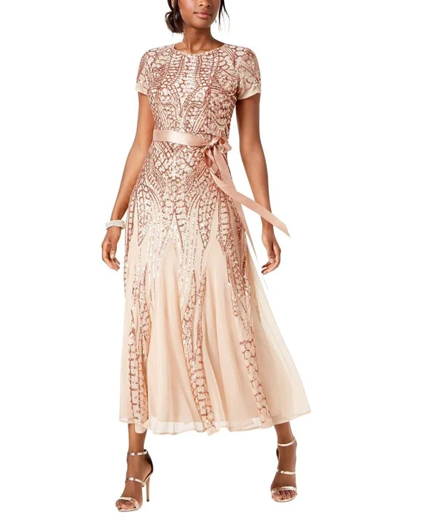 R & M Richards Short Sleeve Sequin Evening Gown - 8, Beige