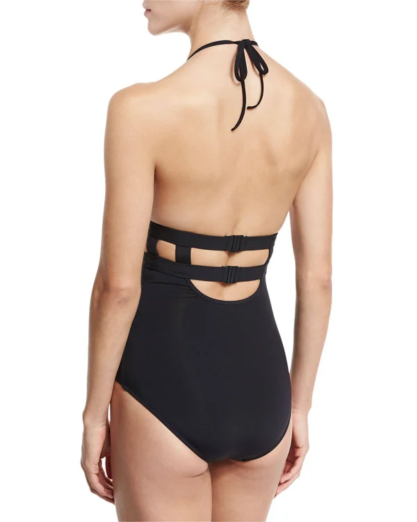 SEAFOLLY 6 US Active halter maillot One Piece black swimsuit caged back $152