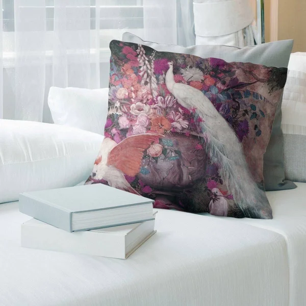 Porch & den Jessie Arms Botke &White Peacock& Throw Pillow - 20 x 20 - Pink - Linen
