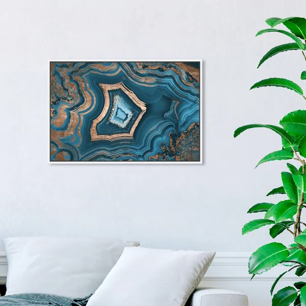 Oliver Gal Abstract Wall Art Framed Canvas Prints &Dreaming About You Geode& Crystals - Blue, Bronze (24 x 16 - White)