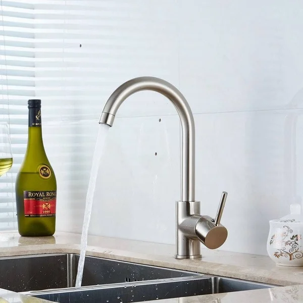 Modern Single Handle Kitchen Sink Faucet - 1 Hole Mounted - Silver