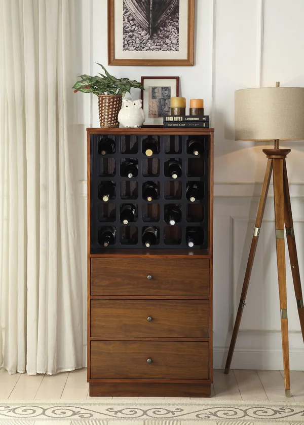 Benzara Bm194371 Wooden Wine Cabinet with Wine Bottle Rack and Three Drawers Brown and Black