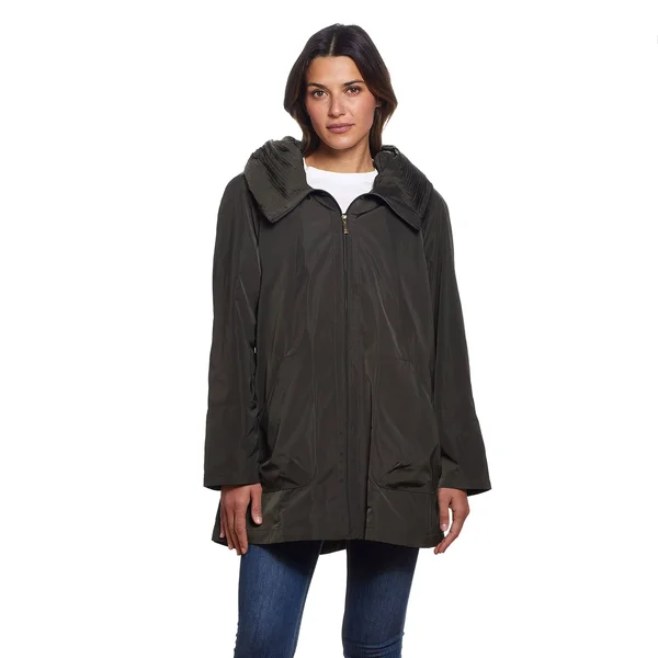 Martha Stewart Pleated Hood Rain Coat - Polyester in Deep Olive, Xs