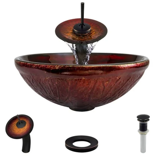 Rene R5-5018-WF-ABR Red Lava Glass Bathroom Sink with Antique Bronze Waterfall Faucet - Sink Ring, and Vessel Pop-Up Drain