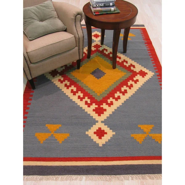 EORC Dn6mu 5 x 8 ft Blue Handmade Wool Keysari Kilim Rug