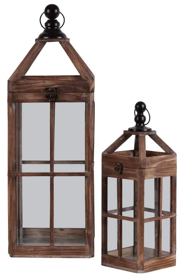 Benzara - Wooden Square Lantern with Metal Round Finial Top, Ring Handle, Set of 2, Brown