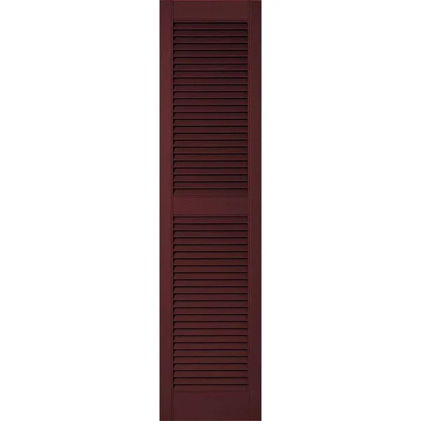 12 inchw x 54 inchh Lifetime Vinyl, Custom Straight Top Center Mullion, Open Louver Shutters, Bordeaux