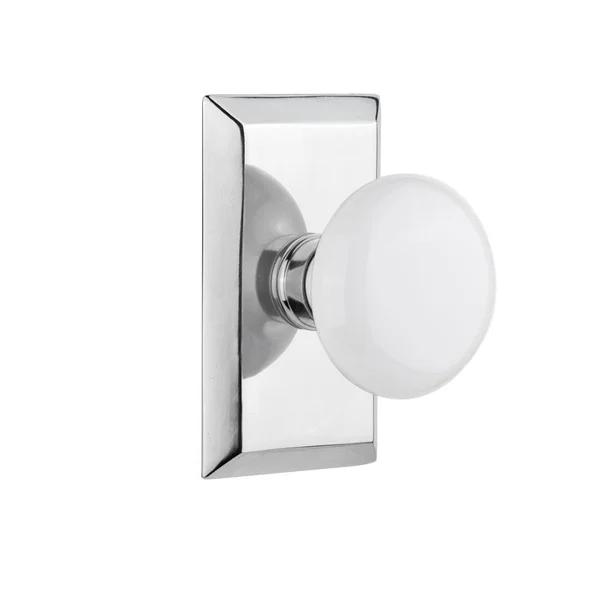 Nostalgic Warehouse 717841 Studio Plate Privacy White Porcelain Door Knob - Bright Chrome