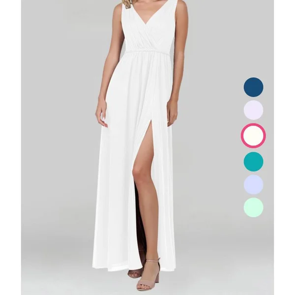 Azazie A-Line/Princess V-Neck Floor-Length Mesh Bridesmaid Dresses - Ivory