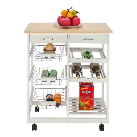 Urhomepro Kitchen Island Cart Trolley, Sturdy Microwave Oven Stand Storage Cart on Wheel with 2 Drawers, 3 Metal Baskets, 3 Shel