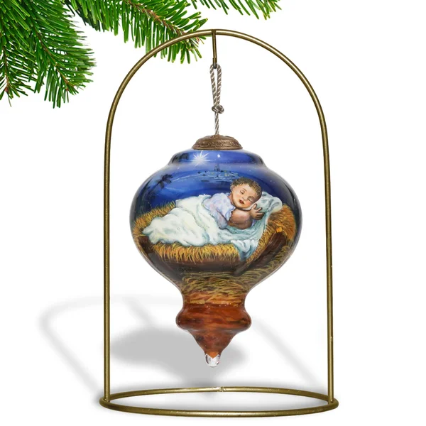 3.75x22 Away in A Manger Religious Christmas Gem Shaped Glass Ornament