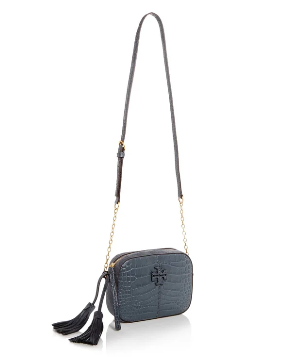 Tory Burch Mcgraw Croc Embossed Leather Camera Bag - Blue