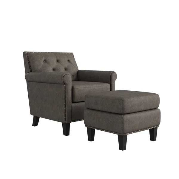 Gracewood Hollow Grantley Button Tufted Rolled Arm Chair and Ottoman - Saddle Brown