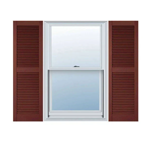14 1/2x22W x 48x22H Lifetime Vinyl - Custom Straight Top Center Mullion, Open Louver Shutters, w/Shutter-Loks (Per Pair), Burgund