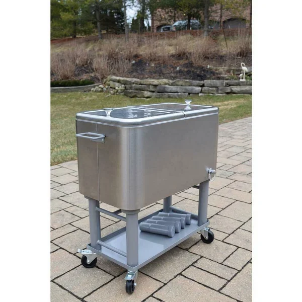 Oakland Living Stainless Steel 15 gal. Party Cooler Cart with Drain System Bottle Opener Caps Holder and Lock Wheels, Silver