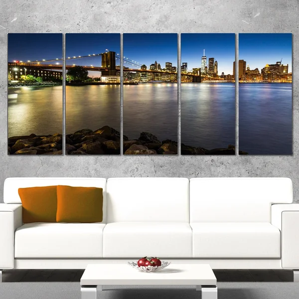 Designart Distant View of Brooklyn Bridge Cityscape Canvas Print 5 Panels - 61431830018
