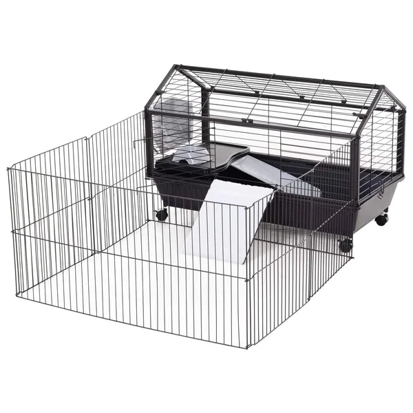 PawHut Rolling Metal Rabbit - Guinea Pig, or Small Animal Hutch Cage with Main House and Run