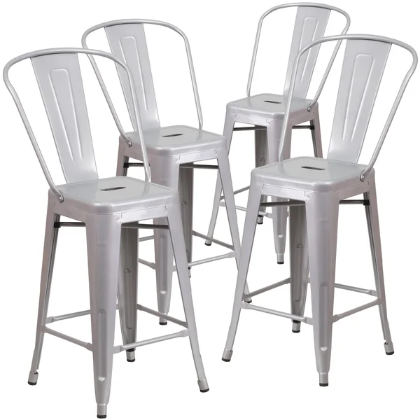 4 Pack 24x22 High Metal Indoor-Outdoor Counter Height Stool with Back - Silver