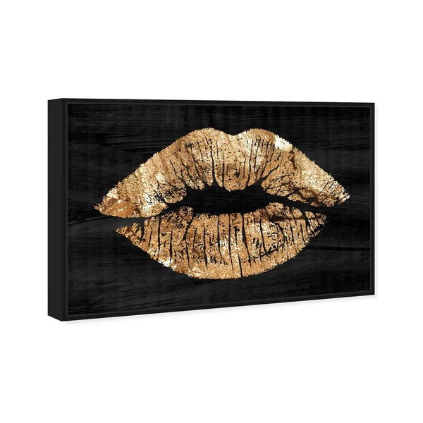 Oliver Gal Fashion and Glam Wall Art Framed Canvas Prints &Solid Kiss Night& Lips - Gold, Black - 54 x 36