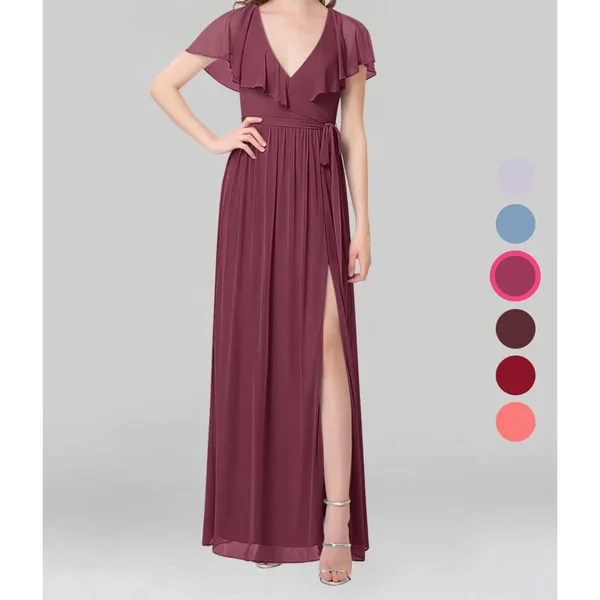 Azazie A-Line/Princess V-Neck Floor-Length Mesh Bridesmaid Dresses - Mulberry
