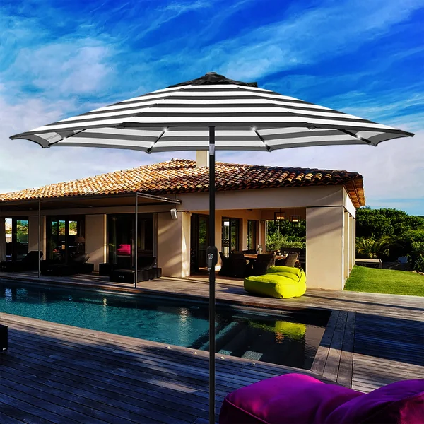 Maypex 9 ft. Steel Market Crank and Tilt Round Solar Light Patio Umbrella in Tan