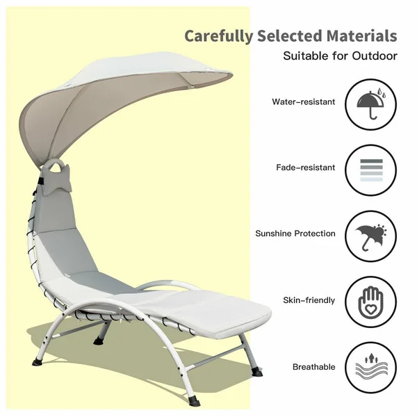 Gymax Hanging Chaise Lounger Chair Arc Stand Porch Swing Hammock Chair w/ Canopy Khaki, Beige