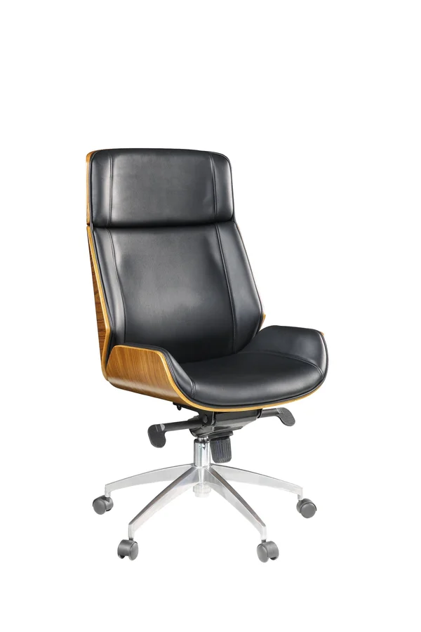 HomeRoots 26x22 x 23x22 x 49x22 Black Bonded Leather Walnut Metal Wood Upholstered (Seat) Casters Executive Office Chair