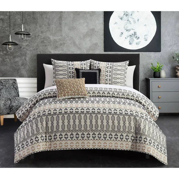 Chic Home Liliana 9 Piece Geometric Striped Pattern Bed in A Bag Comforter Set - Queen