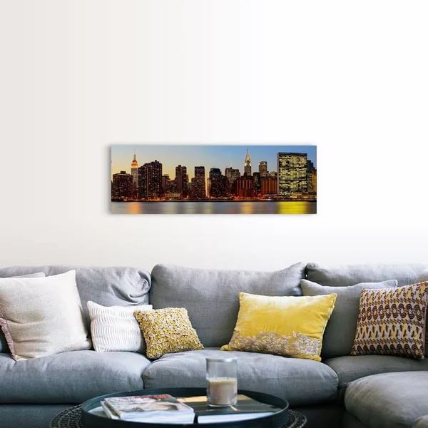 Manhattan Panoramic View with Un from Long Island City at Night, Canvas Wall Art, 48x16, Great Big Canvas