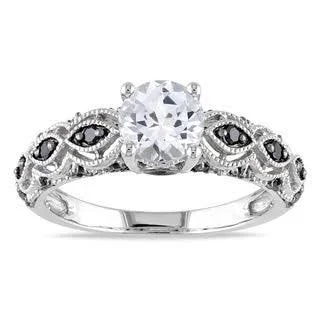 Miadora 10K White Gold Created White Sapphire and 1/4ct TDW Black Diamond Engagement Ring (Size: 8.5) - Women's