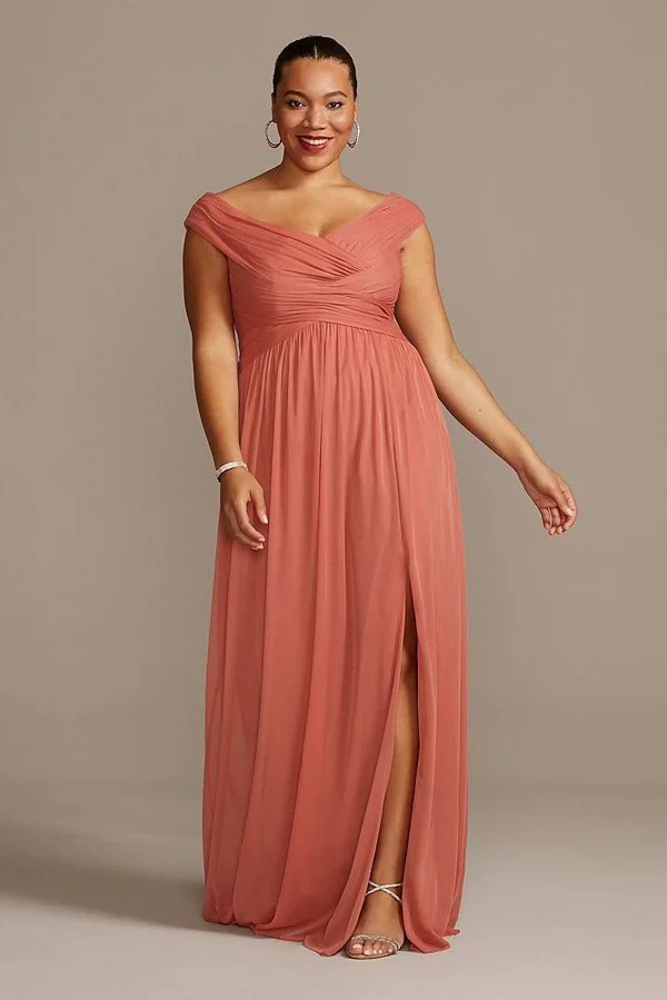 David&s Bridal Crisscross Off-The-Shoulder Mesh Bridesmaid Dress - Cinnamon (Brown) - 8