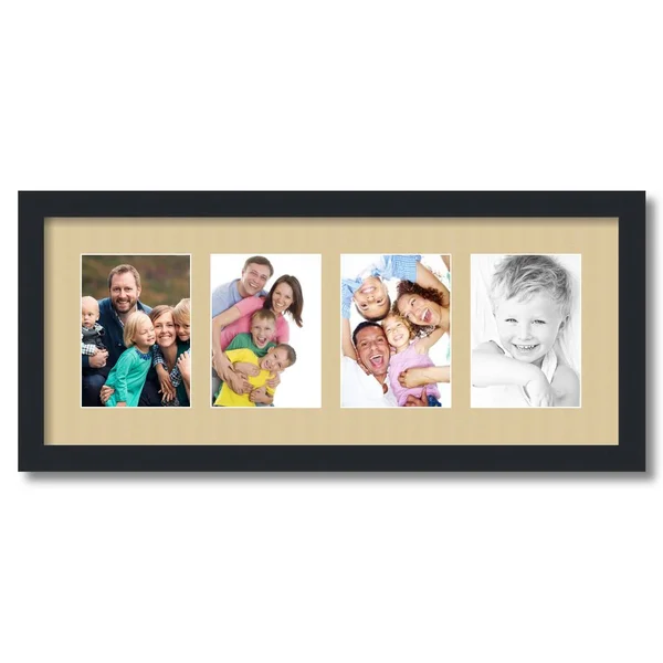 Collage Picture Frame - Satin Black Frame with 4 openings for 5x7 Photos with Green Whisper Mat. D3926GI15, ArtToFrames