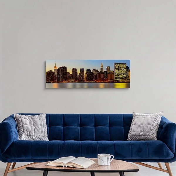 Manhattan Panoramic View with Un from Long Island City at Night, Canvas Wall Art, 48x16, Great Big Canvas